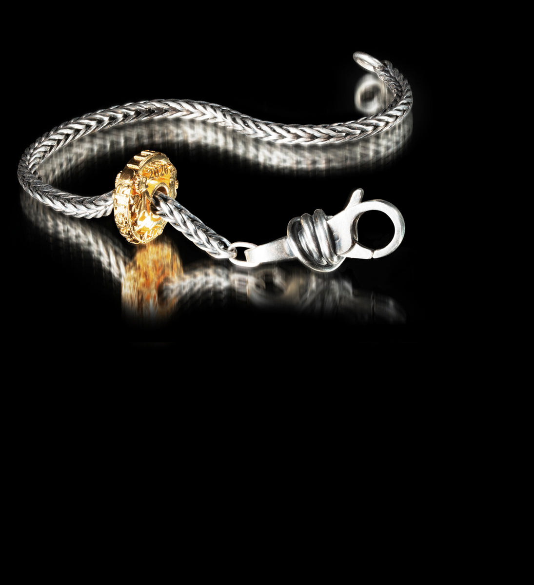 Silver bracelet with a gold clasp on a black background