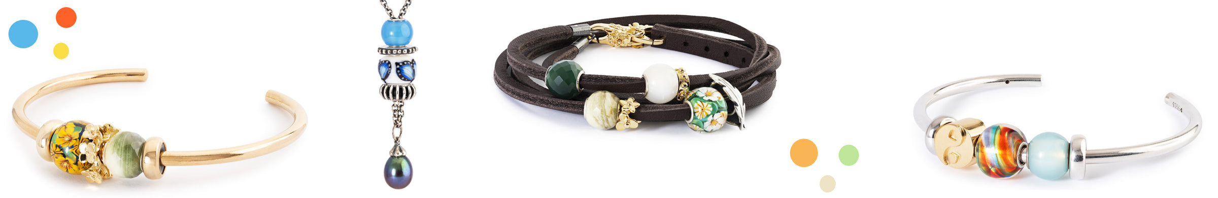 Four different types of colourful beaded bracelets on a white background